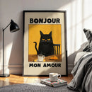 Yellow Good Morning Black Cat Print, Kitchen Wall Art by Axyaa - Cute & Unique Cat Lovers Gift