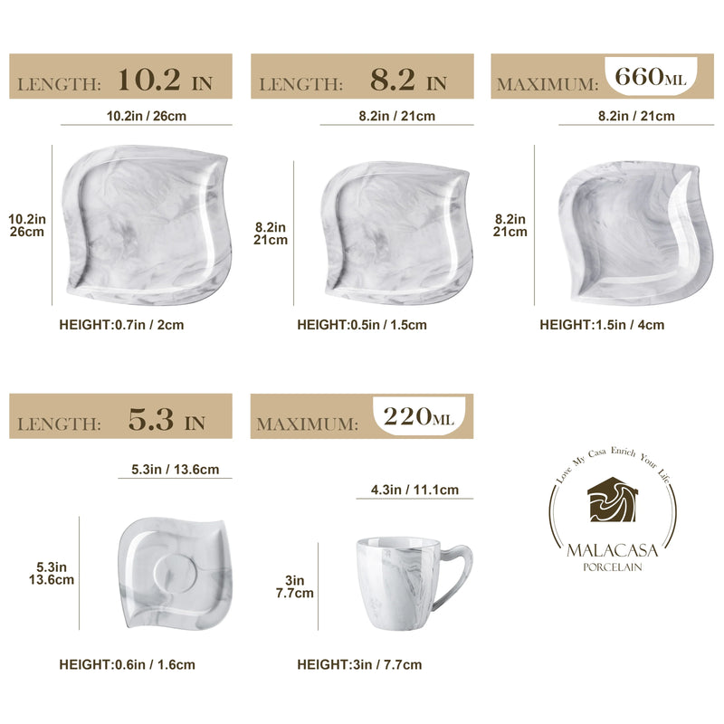 Axya™ 30-Piece Marble Porcelain Dinnerware Set: Dinner, Dessert, Soup Plates, Cup & Saucer