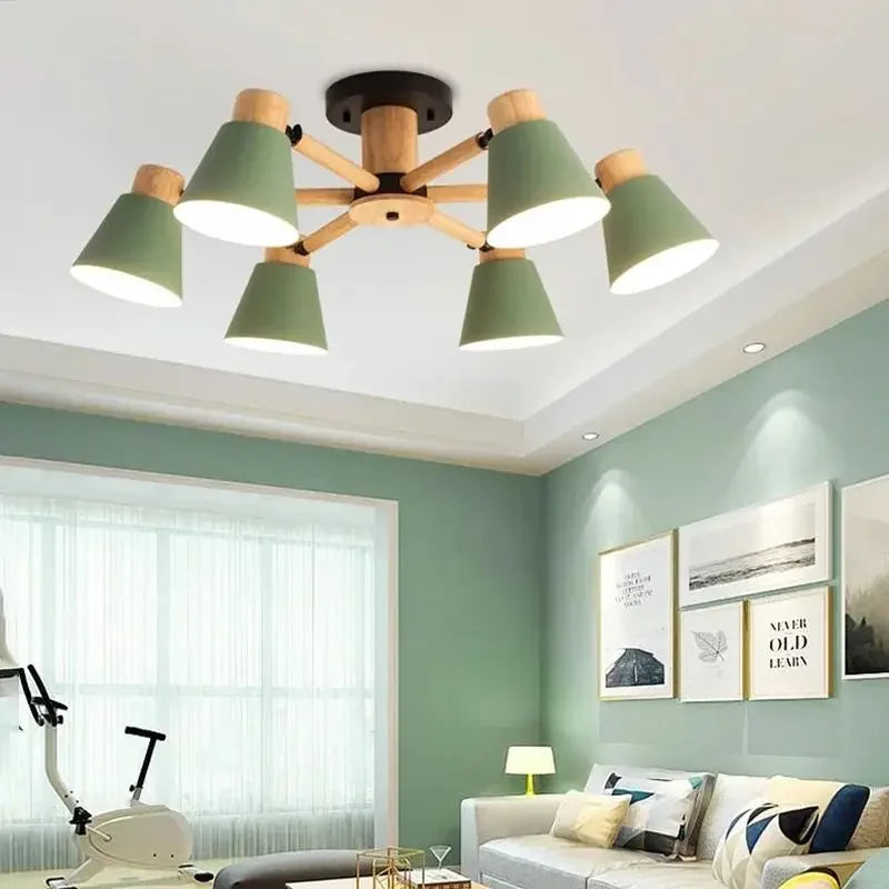 Axyaa Nordic Macaron Wooden Ceiling Light with E27 Bulbs, 3/6 Heads for Interior Lighting