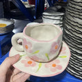 Axyaa 10oz Korean Style Ceramic Coffee Mug with Saucer Hand Painted Tea Cup Set