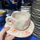 Axyaa 10oz Korean Style Ceramic Coffee Mug with Saucer Hand Painted Tea Cup Set