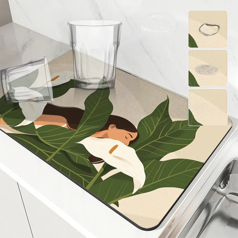 Axyaa Flower Desk Drain Pad Non-slip Kitchen Dish Drying Mat