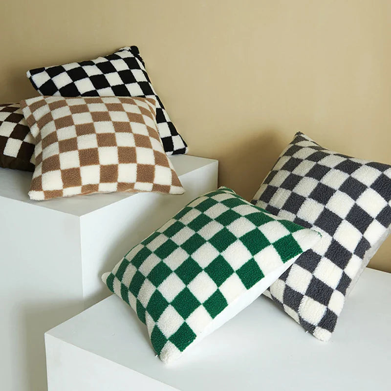 Axyaa Checkerboard Lamb Pillowcase in Black White Brown Green for Home Decor