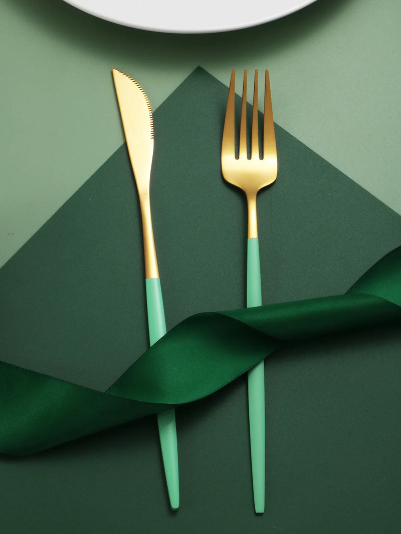 Axyaa Green Stainless Steel Tableware Set: Steak Knife, Fork, Spoon