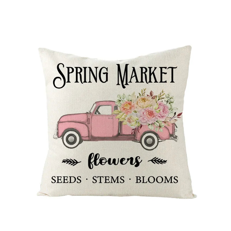 Pink Truck Flower Print Cushion Cover 45x45cm - Axyaa