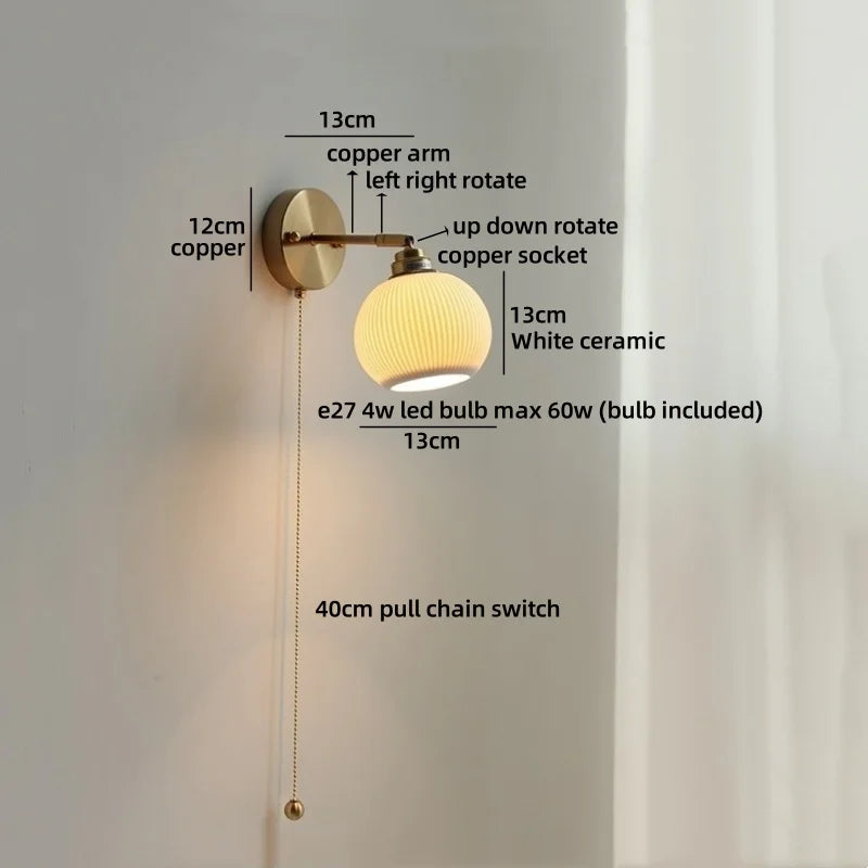 Axyaa Ceramic LED Wall Lamp: Japan Style Gold Brass Arm, Up Down Rotate