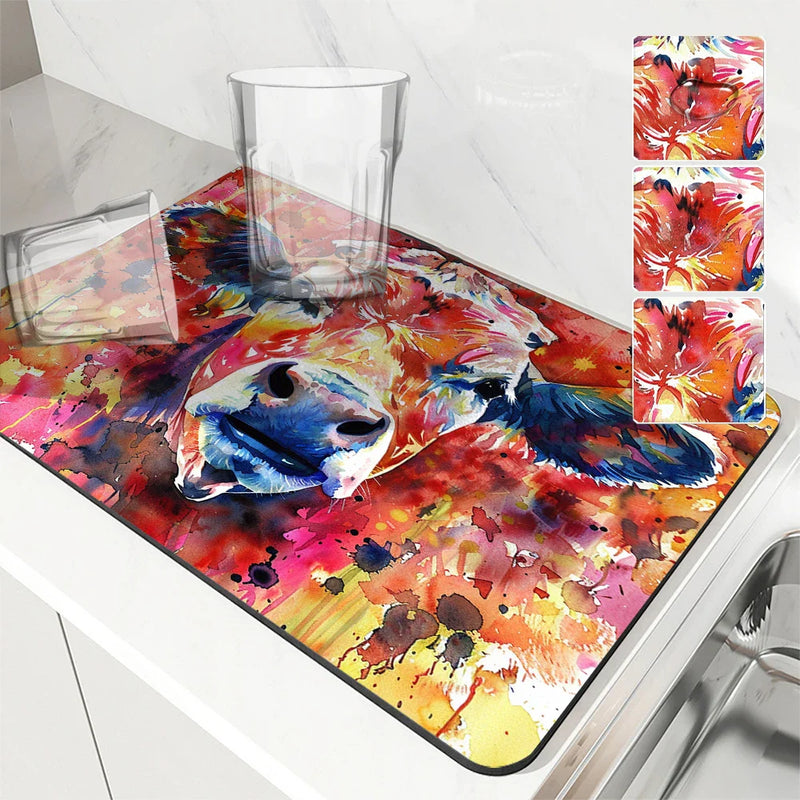 Axyaa Animal Painting Effect Kitchen Drying Mat, Non-Slip Tableware Pad