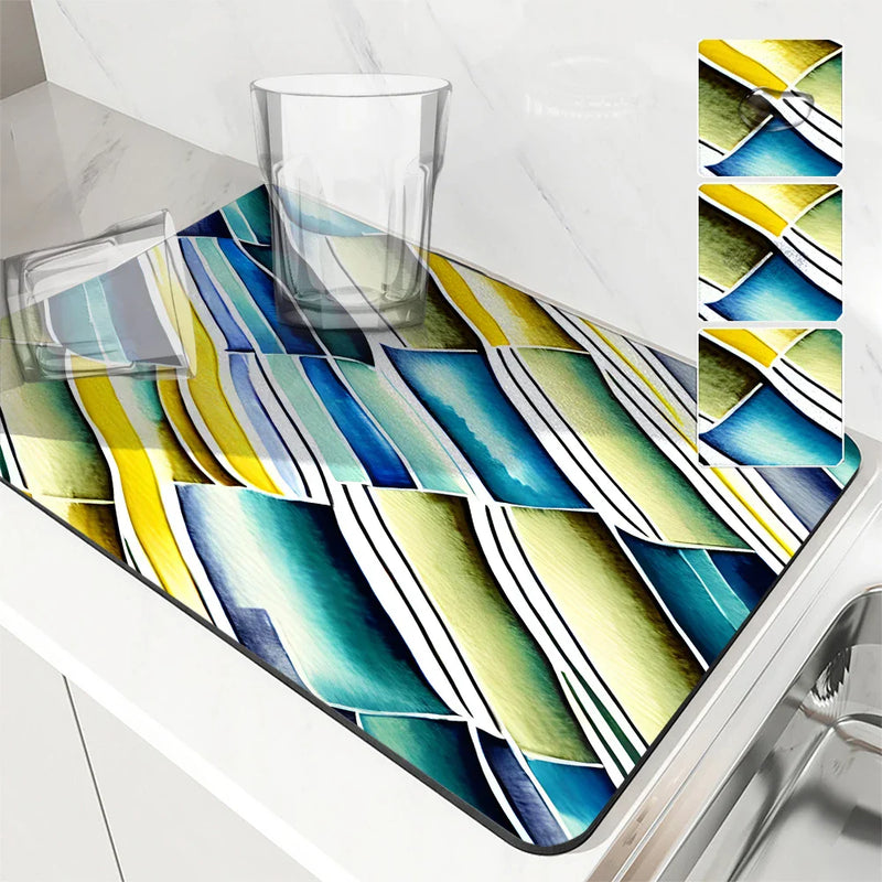 Axyaa Watercolor Geometry Absorbent Kitchen Drying Mat