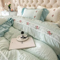 Axyaa Romantic Lace Gauze Bedding Set: Queen Size, Elegant Princess Style, Embroidered Duvet Cover, Ruffled Quilt Cover