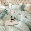 Axyaa Romantic Lace Gauze Bedding Set: Queen Size, Elegant Princess Style, Embroidered Duvet Cover, Ruffled Quilt Cover