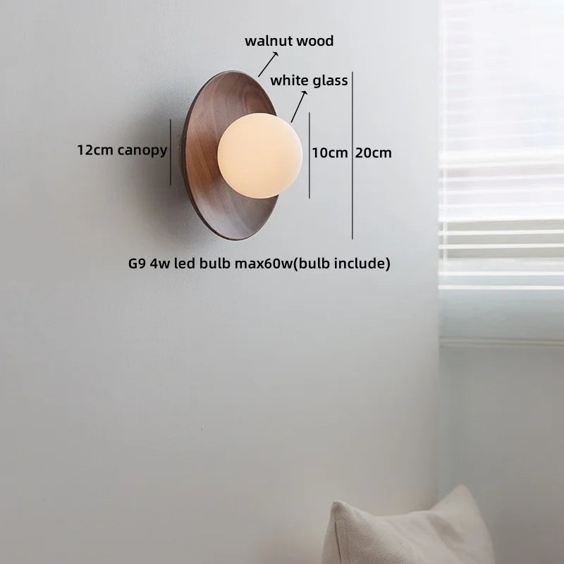Axyaa White Glass Ball LED Wall Lamps With Switch - Modern Wooden Stair Light Fixtures.