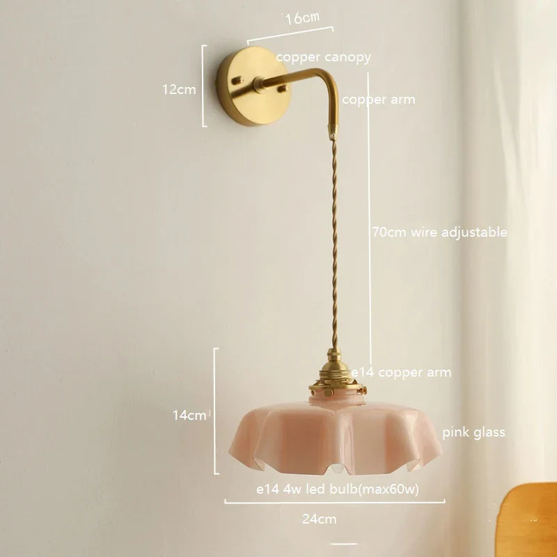 Axyaa Pink Glass LED Wall Sconce E14 Copper Socket Modern Nordic Bedroom Living Room Wall Lamp