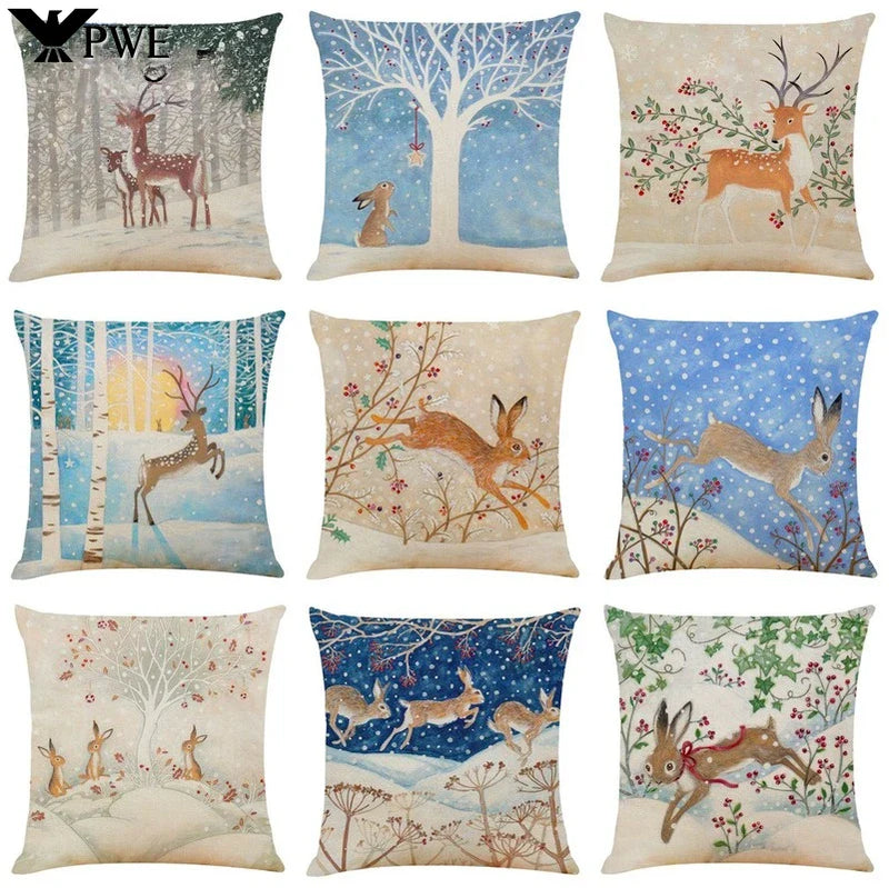 Axyaa Winter Animal Cartoon Linen Pillowcase for Car and Living Room Decor