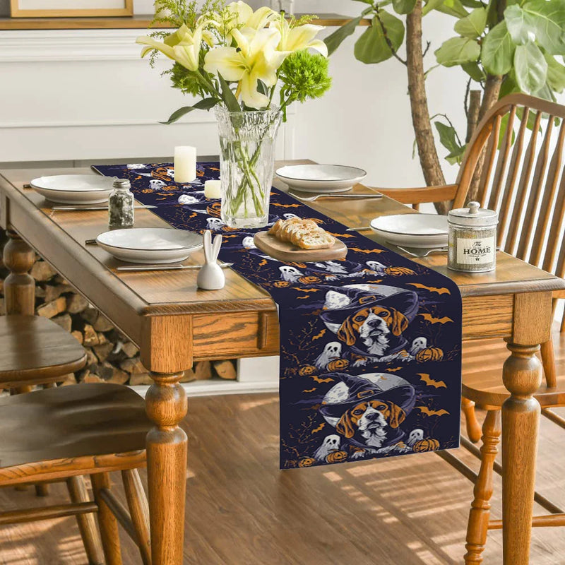 Axyaa Halloween Dog Bat Wizard Hat Table Runner for Kitchen Dining Party Decor