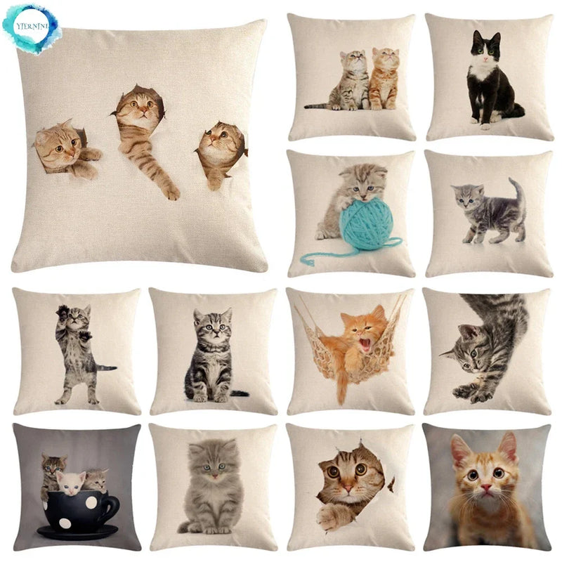 Axyaa Cat Printed Cotton Linen Cushion Cover 45x45cm