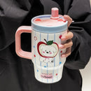 Axyaa Cartoon Cute Thermal Water Bottle Insulated Ceramic Cup with Handle & Double Straw