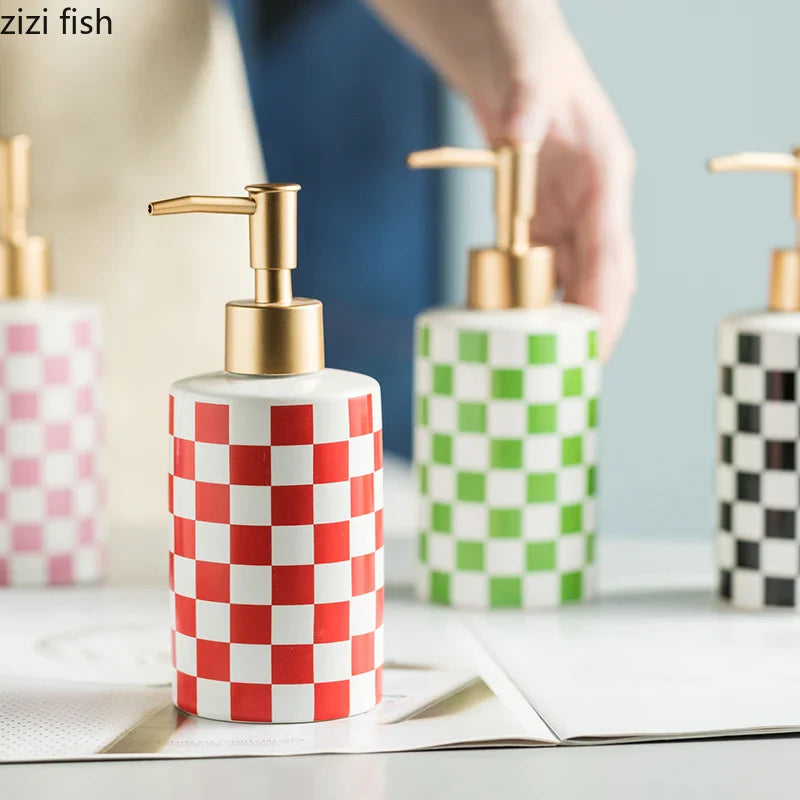 Axya Ceramic Soap Dispenser with Geometric Pattern Pump Shampoo Bottle