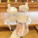 Axyaa Large Capacity Drinkware Set - Straw Plastic Cups with Leather Case & Lid