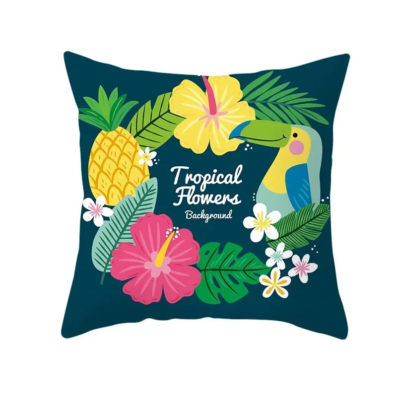 Flamingo Flower Rainforest Cushion Cover with Tropical Plant Animal Pattern by Axyaa
