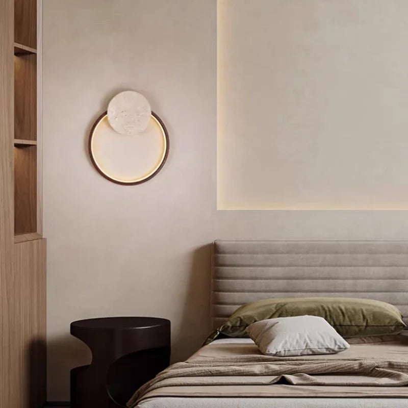 Axyaa Round Stone LED Wall Light Dark Wood Dimmable Indoor Sconce