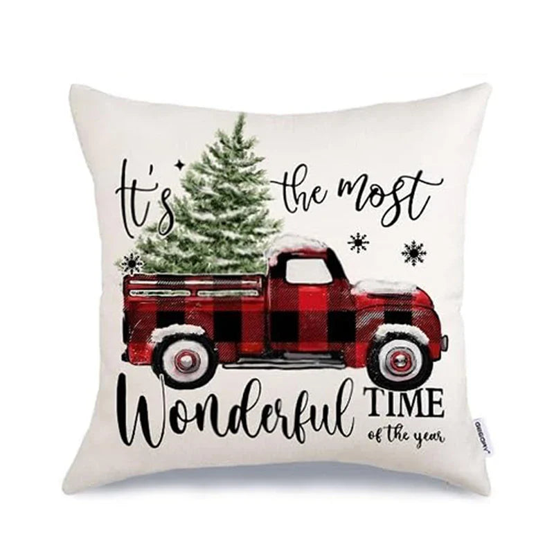 Axyaa Christmas Throw Pillow Covers - Festive Farmhouse Decor with Xmas Trees, Truck & Buffalo Plaid