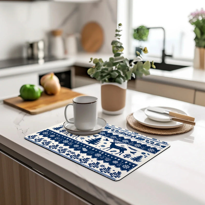 Christmas Deer Silhouette Non-Slip Drying Mat for Kitchen Counters and Tables by Axyaa