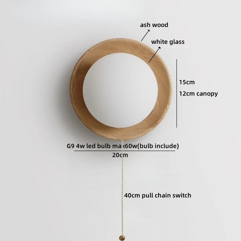 Axyaa White Glass Ball LED Wall Lamps With Switch - Modern Wooden Stair Light Fixtures.