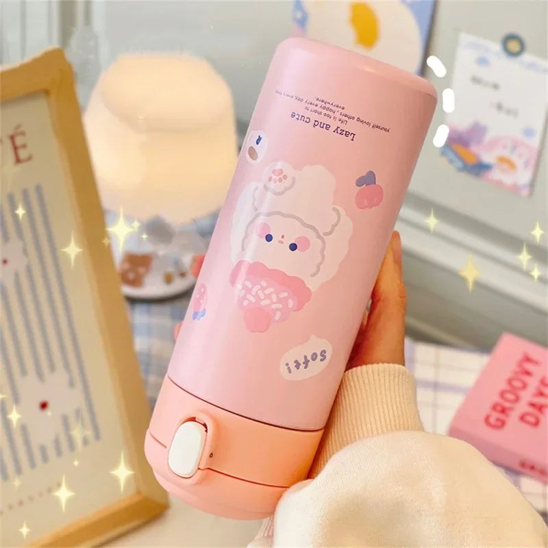 Axyaa 380ml Stainless Steel Vacuum Flask with Straw - Cute Thermal Insulation Water Bottle