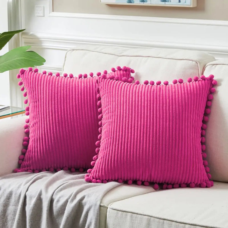 Axyaa Velvet Pillow Covers with Pom-poms - Orange Fall Decor for Sofa