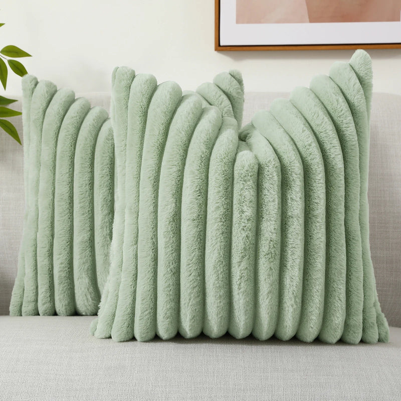 Axyaa 16x16 Faux Fur Striped Pillow Covers 2pcs - Soft Plush Velvet Back