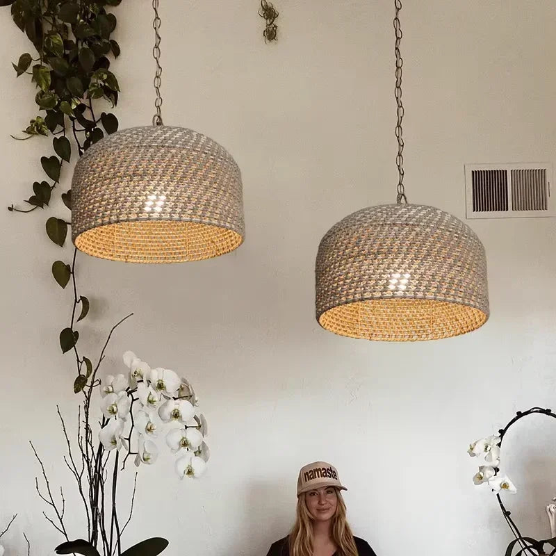 Axyaa Rope Rattan Chandelier: Wabi Sabi Retro Pendant Lights for Home Decor