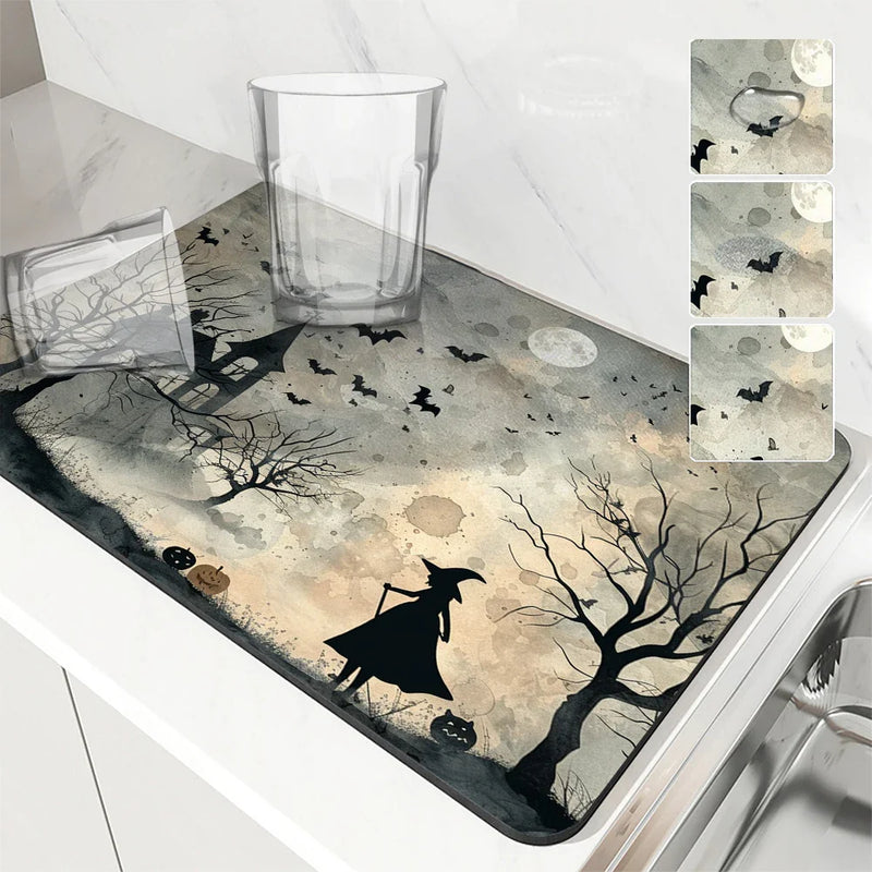 Axyaa Halloween Watercolor Draining Mat - Absorbent & Quick Dry Kitchen/Bathroom Drain Pad