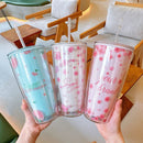 Axyaa Cherry Blossom Straw Water Bottle: Double Layer, Large Capacity Tumbler Cup