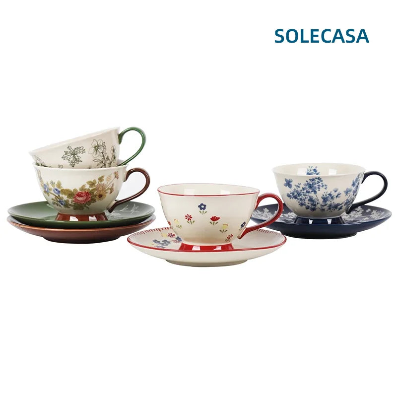 Axyaa Retro Flower Ceramic Coffee Cup&Saucer Set Elegant Teaware