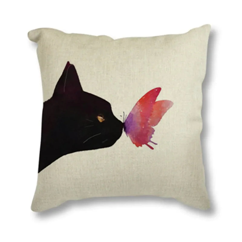 Black Cat & Butterfly Print Linen Cushion Cover by Axyaa - 45x45CM