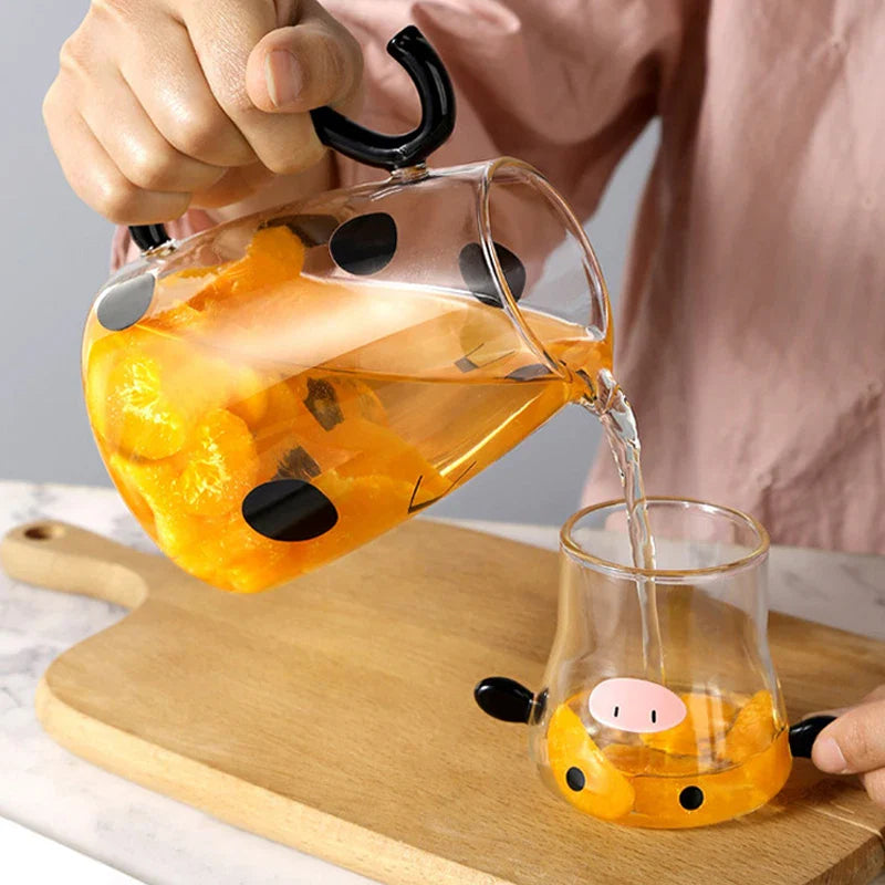 Axya Glass Cow Kettle Set: Transparent Water Carafe, Cup, Coffee Jug