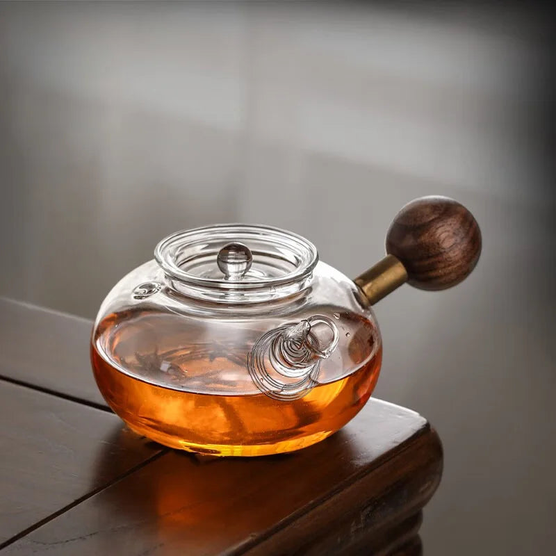Axya Glass Boiling Teapot with Thickened Filter for Brewing Tea and Walnut Warmer