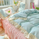 Axyaa Princess Korean Style Bedding Set, Solid Color Double Bedspread & Ruffled Duvet Cover