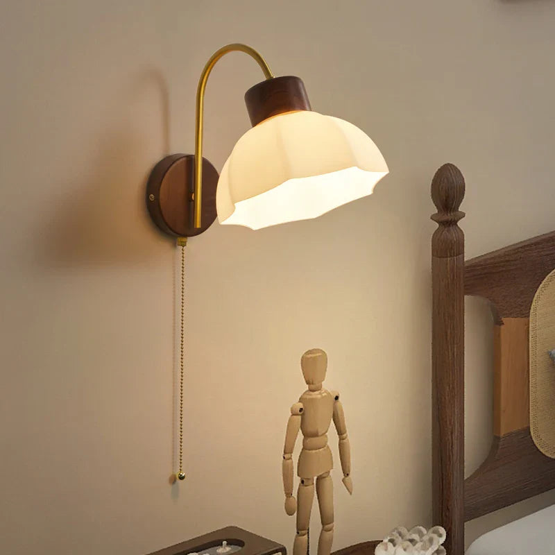 Axyaa Modern LED Wall Lamp Sconce Glass Wood Pull Chain Switch Stair Lights