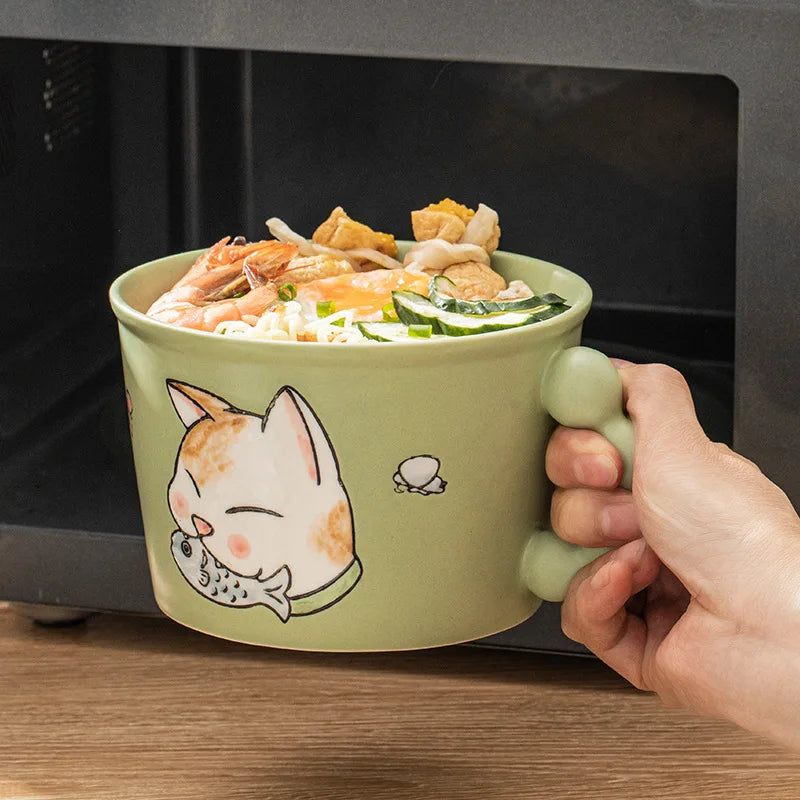 Axya Cat Cartoon Ceramic Instant Noodle Bowl with Cover - High Appearance Level