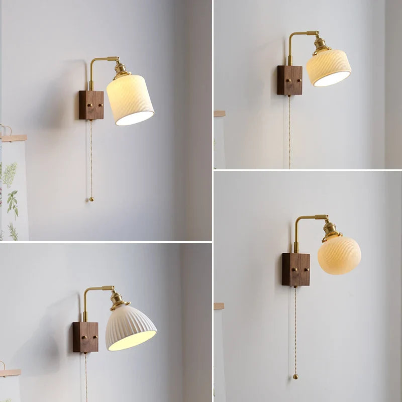 Axyaa Ceramic Copper LED Wall Lamps with Pull Chain Switch for Home Decor