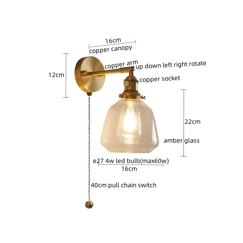Axyaa Copper Glass Knob Switch LED Wall Light Fixture for Bedroom, Nordic Modern Arandela