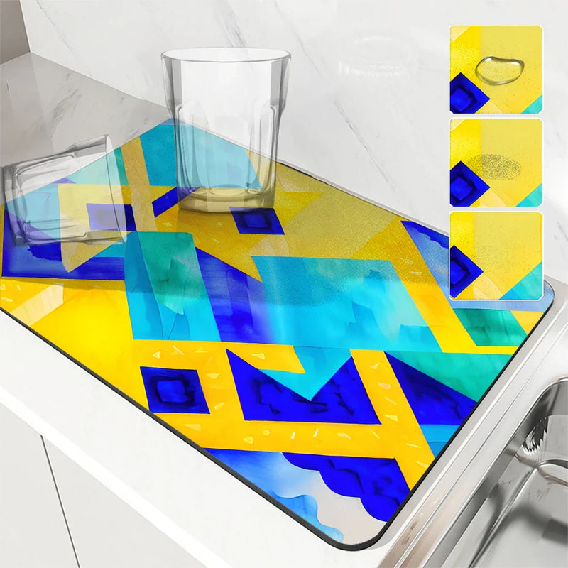 Axyaa Watercolor Geometry Absorbent Kitchen Drying Mat