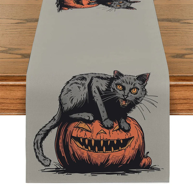 Axyaa Halloween Cat Pumpkin Head Table Runner