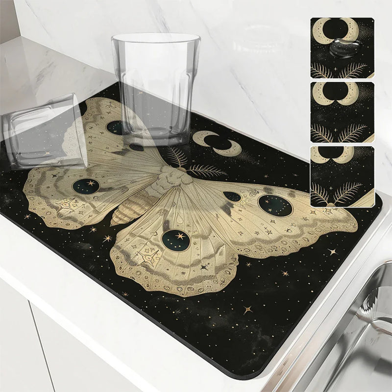 Axyaa Moon Moths Drain Pad: Non-slip Dish Drying Mat for Kitchen Counter