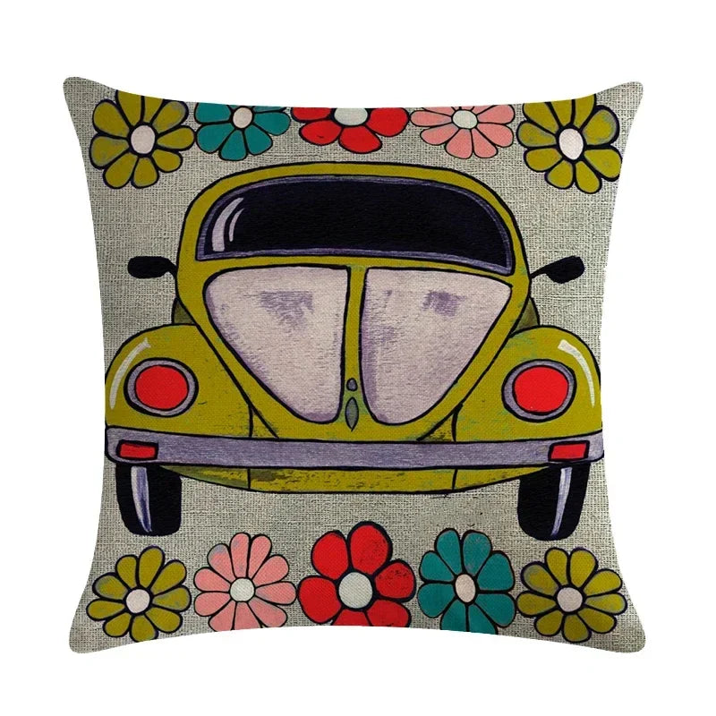 Axyaa Retro Car Pattern Cushion Cover Linen Pillowcase 45*45cm