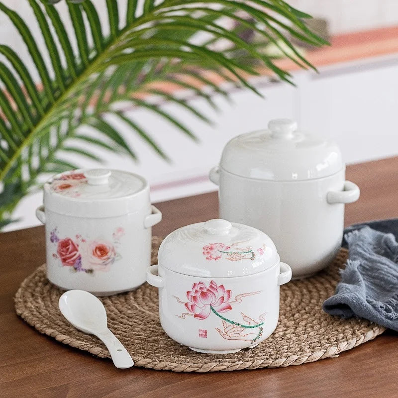 Axya Ceramic Flower Health Stew Pot Double Lid Soup Bowl Bird's Nest Ginseng Jar