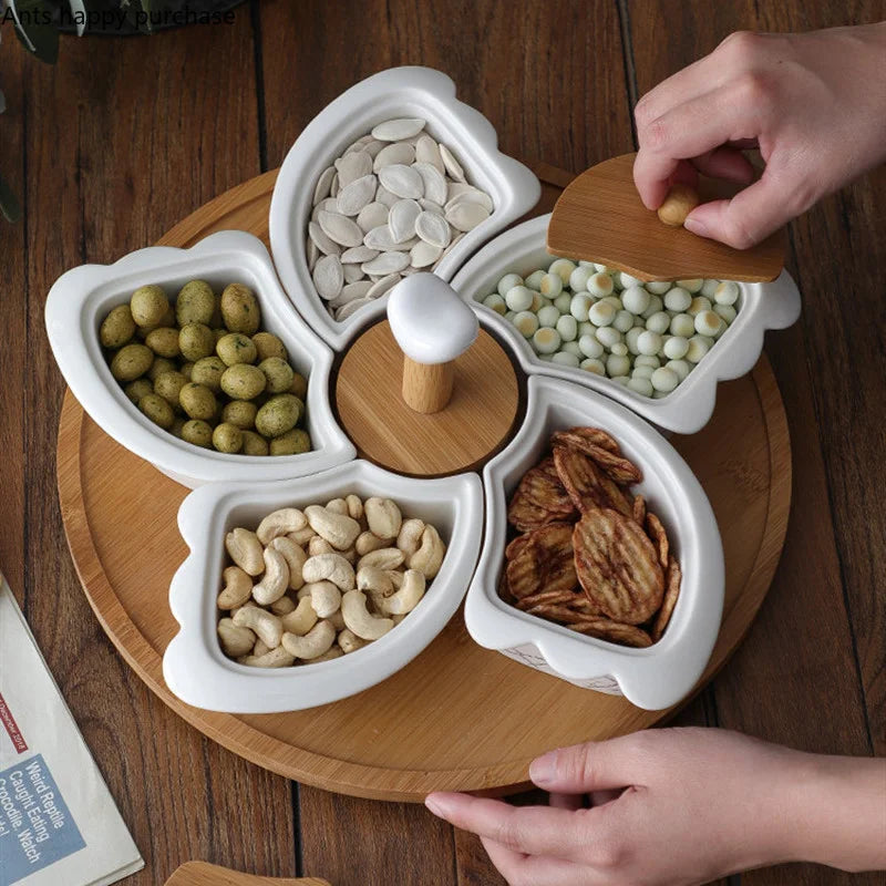 Axya Rotating 5-Grid Ceramic Snack Platter with Wooden Lid - Decorative Tableware