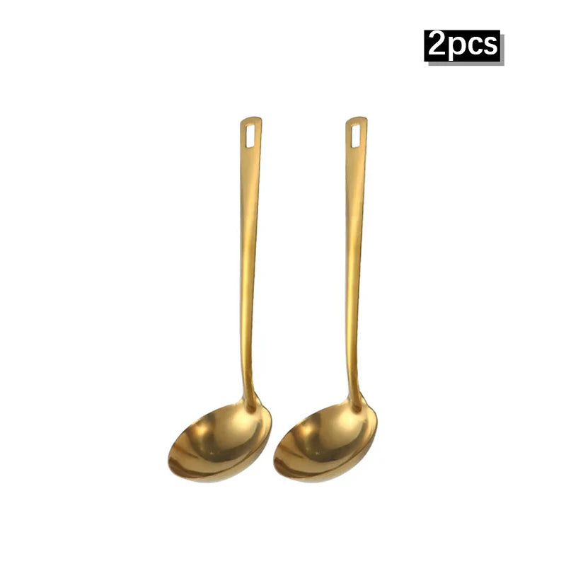 Axyaa 6pcs Korean Stainless Steel Kitchenware Set - Golden Soup Spoon, Colander, Hot Pot Spoon
