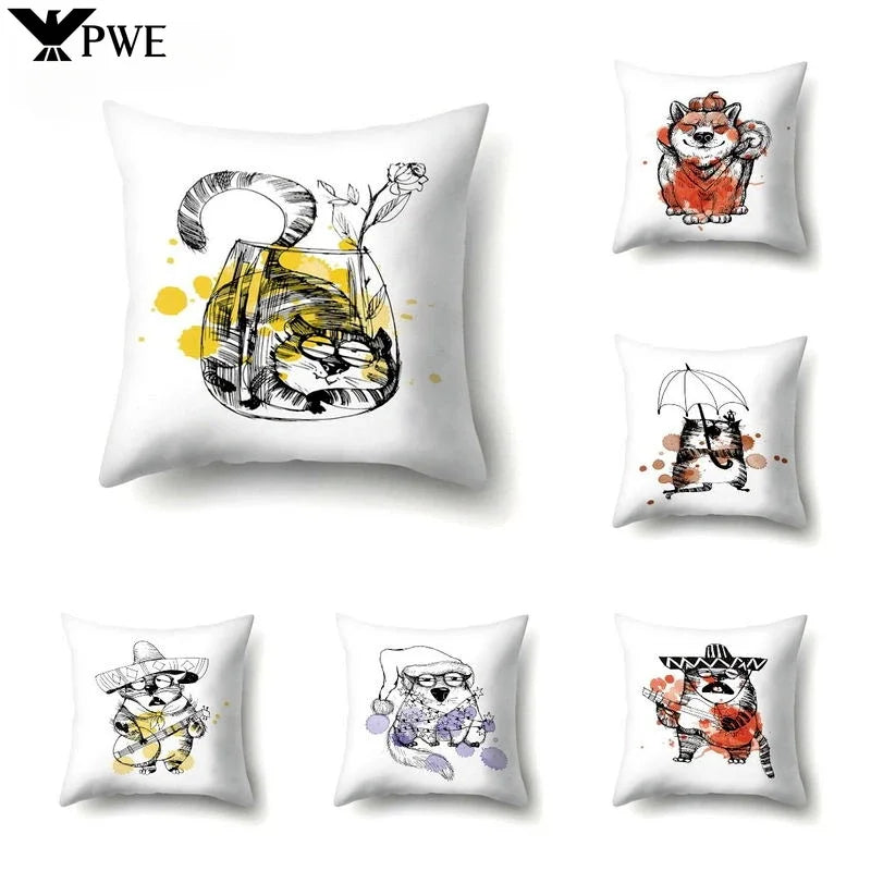 Axyaa Cartoon Animals Plush Cushion Cover 45x45cm Cute Cats and Dogs Pillowcase